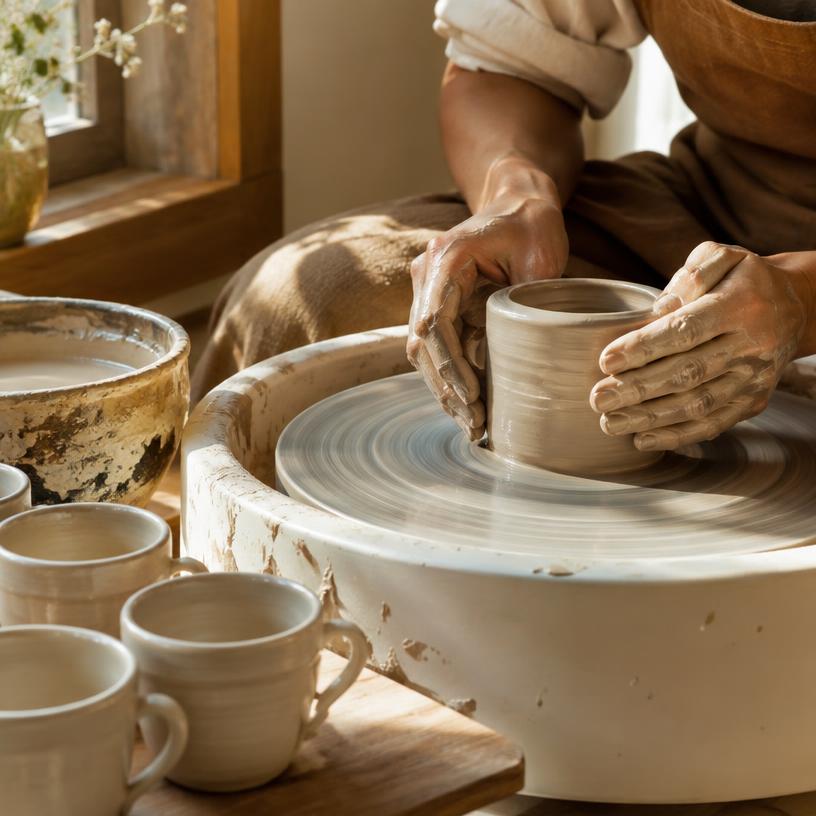 Hands shaping a mug on a pottery wheel