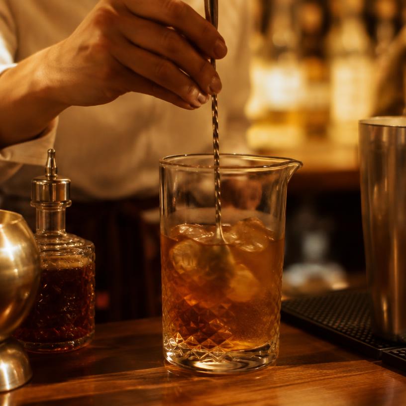 A cocktail being stirred at a bar